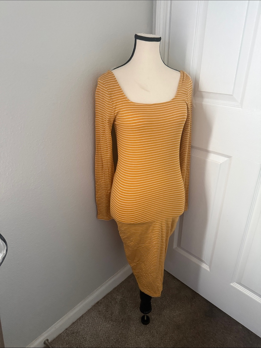 Heart & Hips Mustard and White Striped Long Sleeve Bodycon Dress